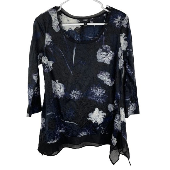 Simply Vera Wang Crinkle Floral Top Blouse Womens S Black 3/4‎ Handkerchief Hem - Picture 1 of 11